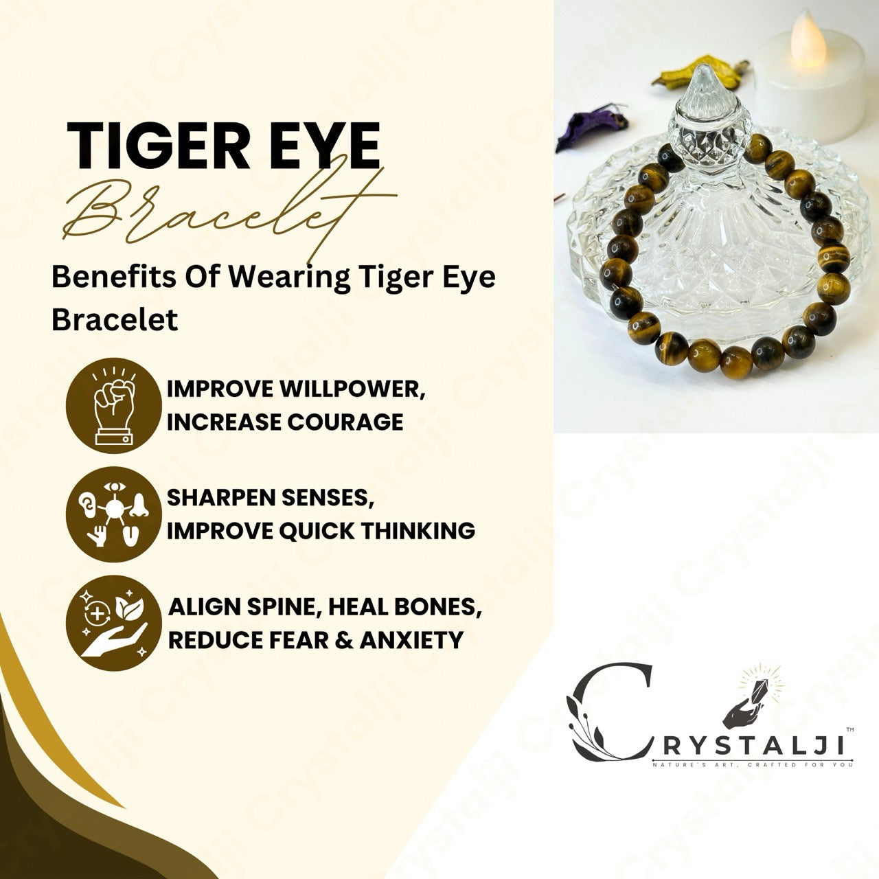 Tiger Eye Bracelet (Courage, Will Power) | Stylish Charm Stone Bracelet for Men & Women With 8MM Beads