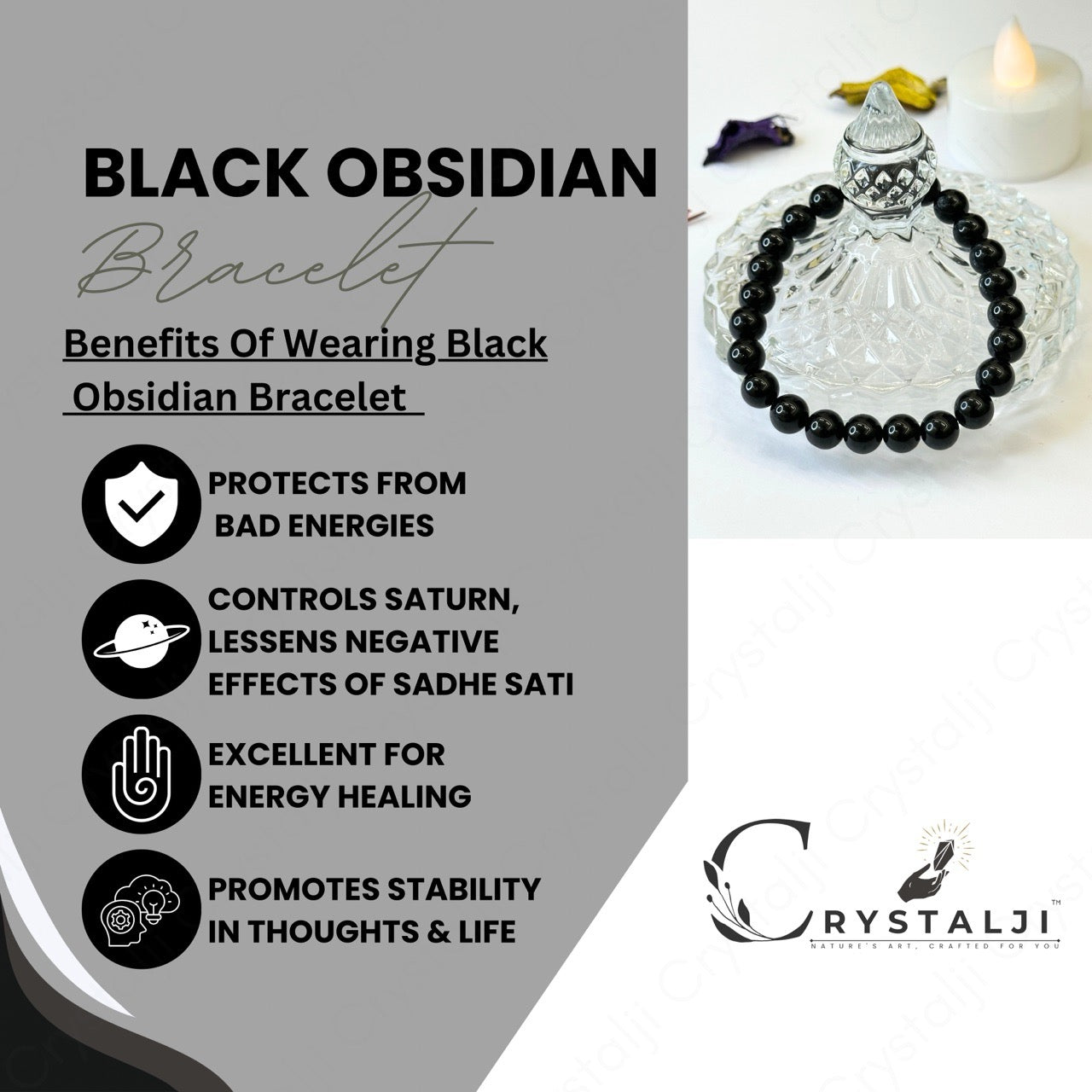 Black Obsidian Crystal Bracelet | (Against Negative Energies & Unlucky Thoughts) | Stylish Charm Stone Bracelet for Men & Women With 8MM Beads
