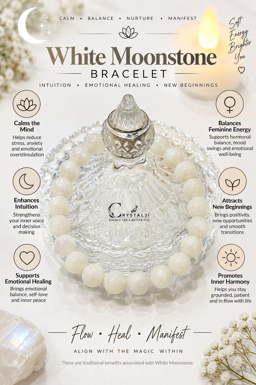 White Moonstone Bracelet (Emotional Balance, Divine Feminine)